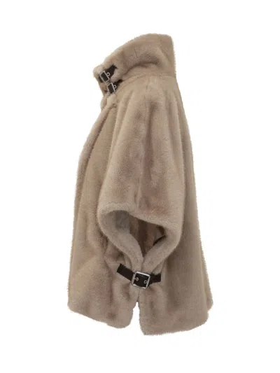 Pinko Faux Fur Cape With Buckles In Neutral