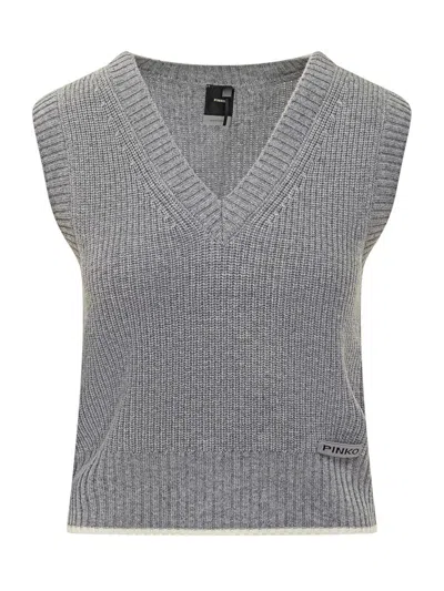 Pinko Grey Knit V-neck Gilet In Gray