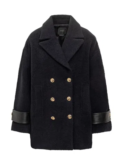 Pinko Canederli Double-breasted Coat With Leather Details In Blue