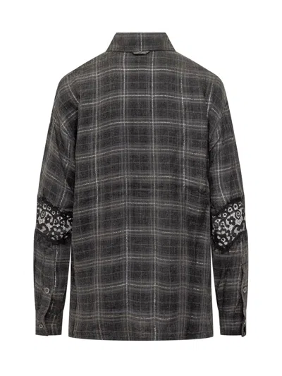 Pinko Reina Plaid Shirt With Black Lace In Gray