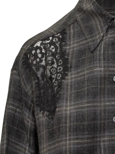 Pinko Reina Plaid Shirt With Black Lace In Gray