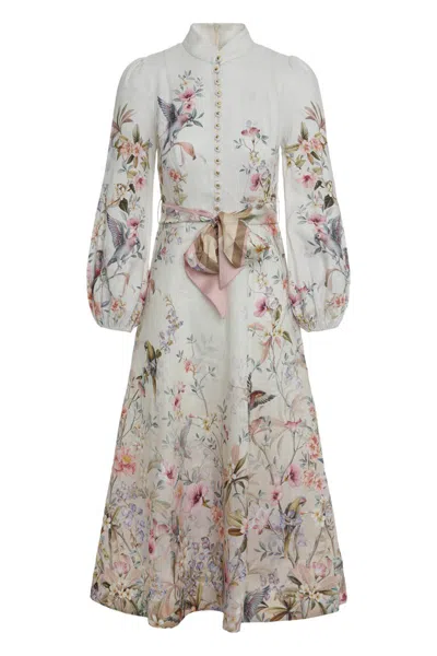 Zimmermann Rebellion Multicolor Midi Dress With Bow Detail On The Front And All-over Floral Print In Linen Woma In Multi