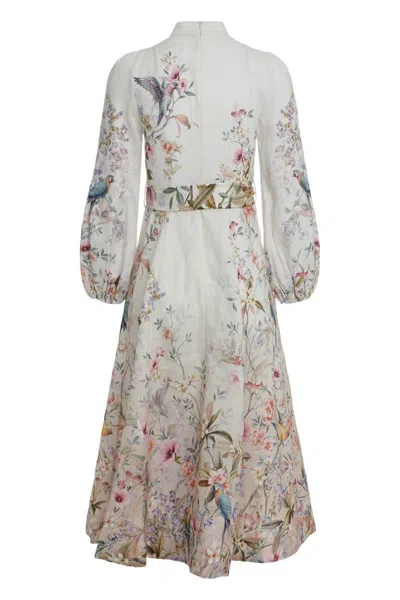 Zimmermann Rebellion Multicolor Midi Dress With Bow Detail On The Front And All-over Floral Print In Linen Woma In Multi