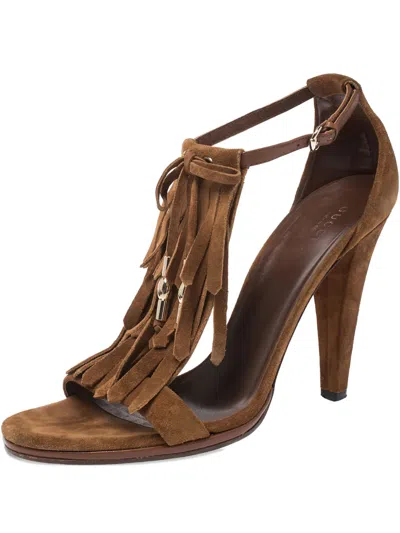 Pre-owned Gucci 110mm Fringe-detail Sandals In Brown