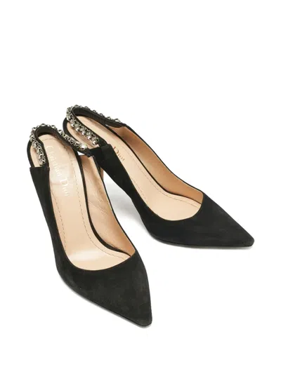 Pre-owned Dior Suede Crystal Slingback Pumps In Black