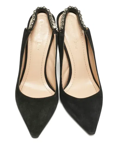 Pre-owned Dior Suede Crystal Slingback Pumps In Black