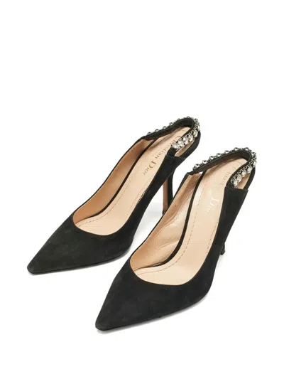 Pre-owned Dior Suede Crystal Slingback Pumps In Black