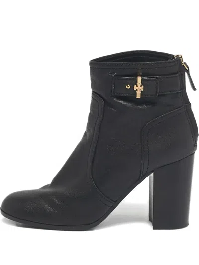 Pre-owned Tory Burch Ankle Buckle Leather Boot In Black