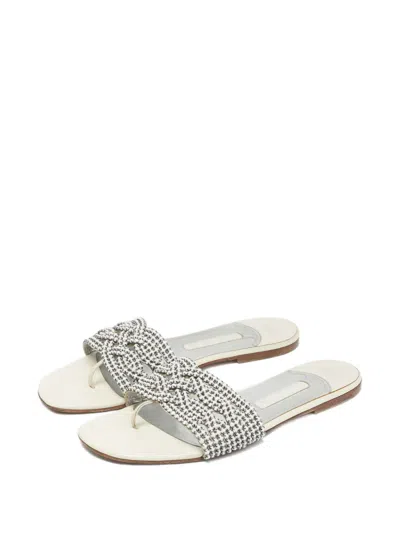 Pre-owned Gina Loren Leather Flat Sandals In White