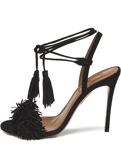 Pre-owned Aquazzura Wild Thing Fringe Sandals In Black