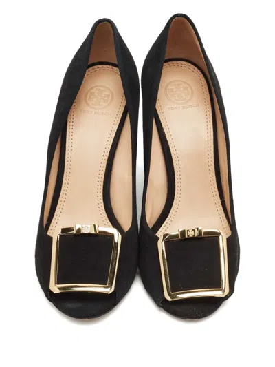 Pre-owned Tory Burch Peep-toe Wedge Heel Shoes In Black