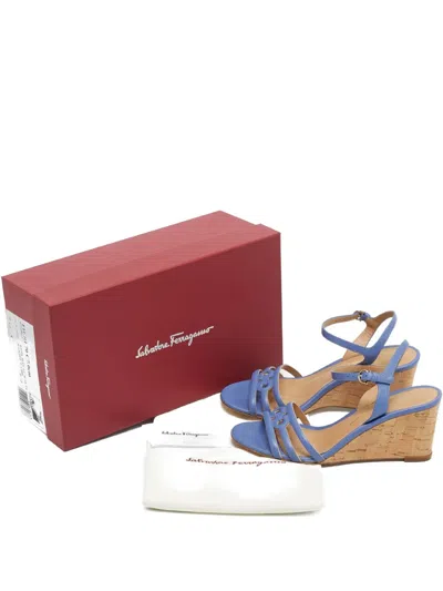 Pre-owned Ferragamo Fieri Leather Wedge Sandals In Blue