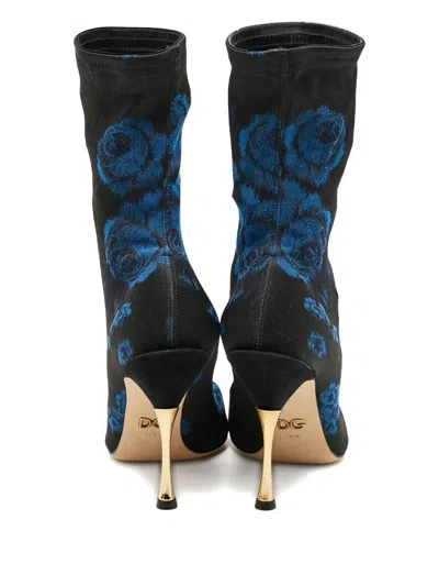 Pre-owned Dolce & Gabbana Knitted Floral-print Boots In Black
