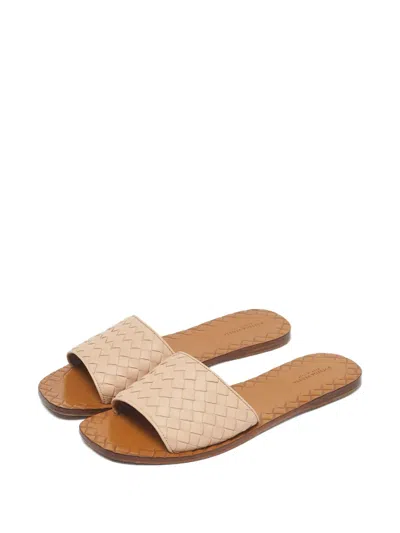 Pre-owned Bottega Veneta Intrecciato Leather Slides In Neutral