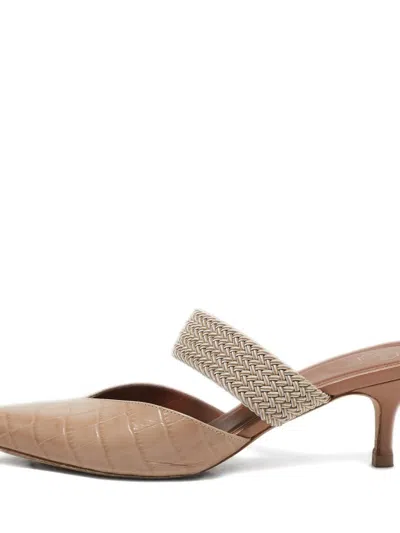 Pre-owned Malone Souliers Croc-embossed Woven Mules In Neutral