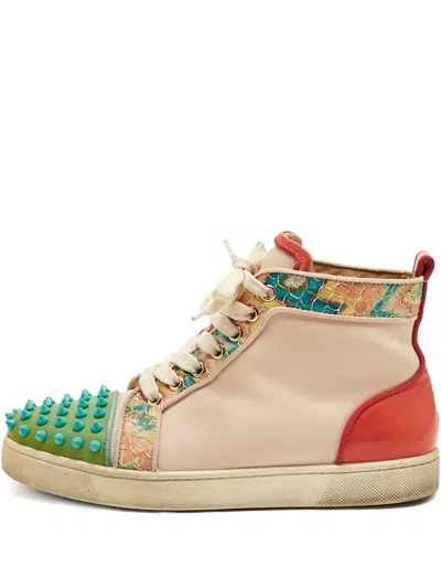 Pre-owned Christian Louboutin 37.5 Louis Spikes Leather Sneaker In Neutral
