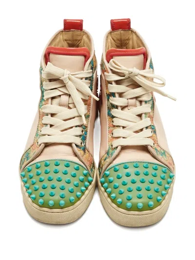 Pre-owned Christian Louboutin 37.5 Louis Spikes Leather Sneaker In Neutral