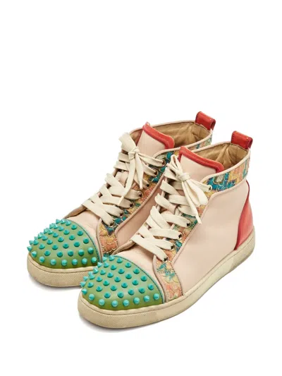Pre-owned Christian Louboutin 37.5 Louis Spikes Leather Sneaker In Neutral