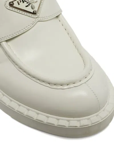 Pre-owned Prada Leather Logo Loafers In White