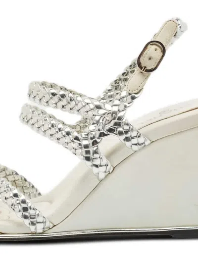 Pre-owned Chanel 80mm Leather Wedge Sandals In Silver