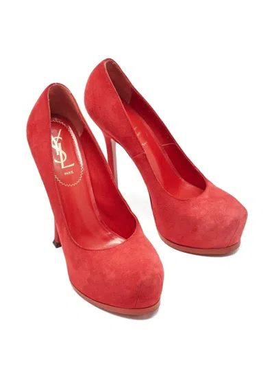 Pre-owned Saint Laurent 150mm Tribtoo Suede Pumps In Red