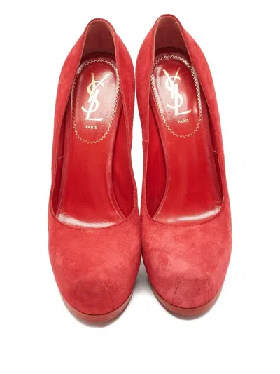 Pre-owned Saint Laurent 150mm Tribtoo Suede Pumps In Red