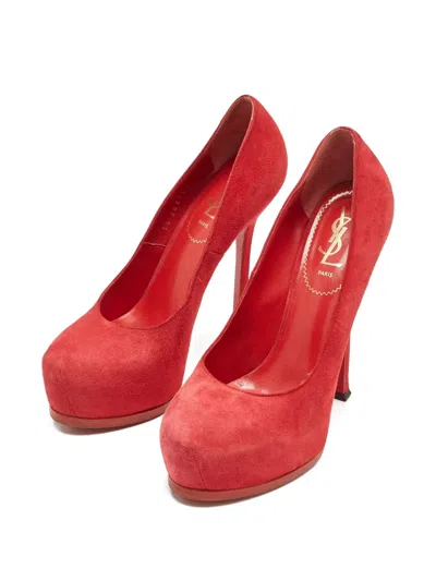 Pre-owned Saint Laurent 150mm Tribtoo Suede Pumps In Red