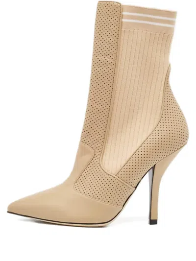 Pre-owned Fendi 111mm Perforated Knit Boots In Neutral