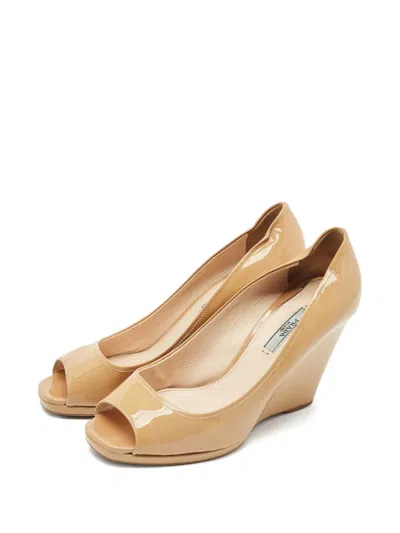 Pre-owned Prada 2023 100mm Wedge Sandals In Neutral
