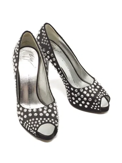 Pre-owned Giuseppe Zanotti Vintage 105mm Crystal-embellished Peep-toe Pumps In Black