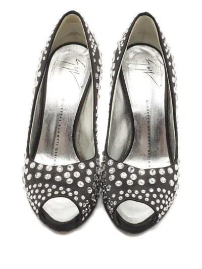 Pre-owned Giuseppe Zanotti Vintage 105mm Crystal-embellished Peep-toe Pumps In Black