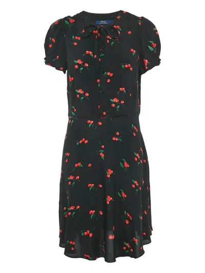 Pre-owned Polo Ralph Lauren Vintage Cherries-print Tie Midi Dress In Black