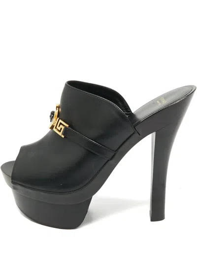 Pre-owned Versace Insignia Leather Slide Sandals In Black