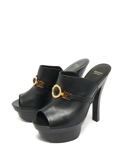 Pre-owned Versace Insignia Leather Slide Sandals In Black