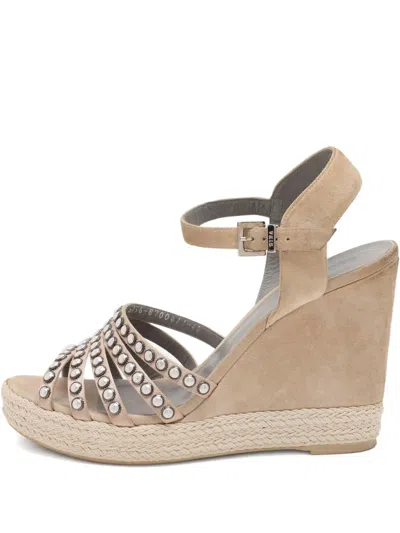 Pre-owned Gina 115mm Pearl-embellished Wedge Sandals In Neutral