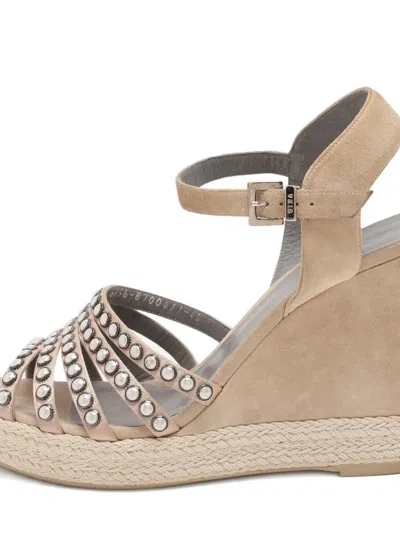 Pre-owned Gina 115mm Pearl-embellished Wedge Sandals In Neutral
