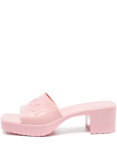 Pre-owned Gucci 50mm Embossed-logo Platform Slides In Pink