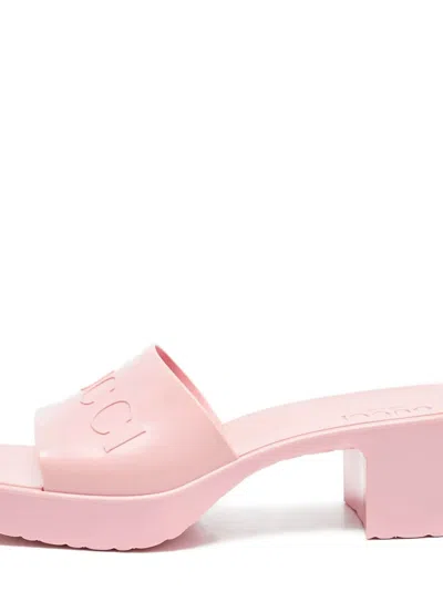 Pre-owned Gucci 50mm Embossed-logo Platform Slides In Pink