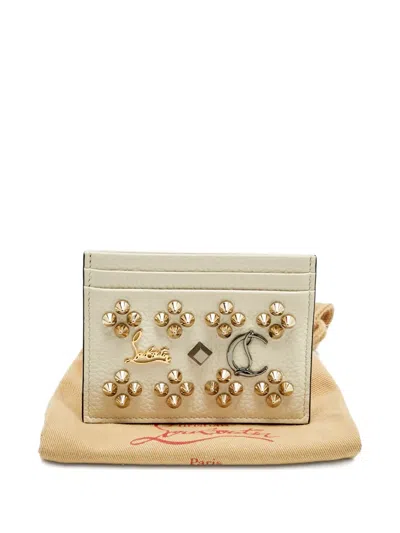 Pre-owned Christian Louboutin Kios Studded Leather Card Holder In Neutral