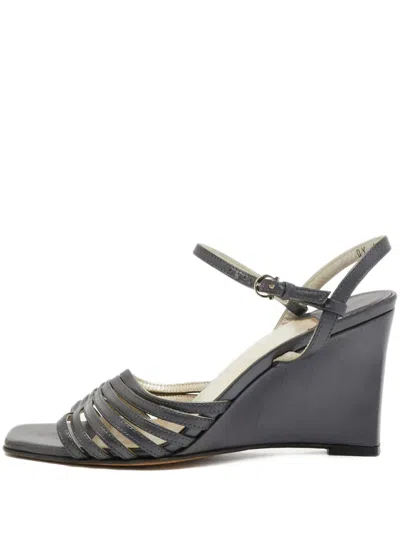 Pre-owned Ferragamo 90mm Leather Wedge Sandals In Gray