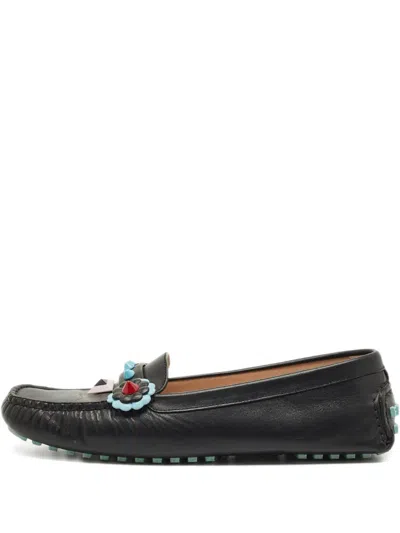 Pre-owned Fendi Flowerland Leather Loafers In Black