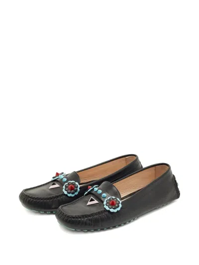 Pre-owned Fendi Flowerland Leather Loafers In Black