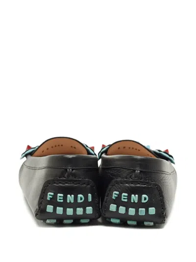 Pre-owned Fendi Flowerland Leather Loafers In Black