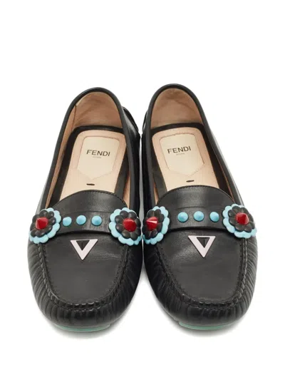 Pre-owned Fendi Flowerland Leather Loafers In Black