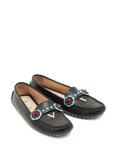 Pre-owned Fendi Flowerland Leather Loafers In Black