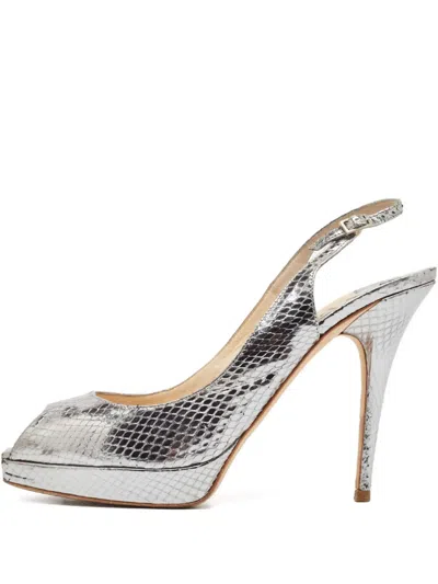 Pre-owned Jimmy Choo 120mm Snakeskin Slingback Sandals In Silver