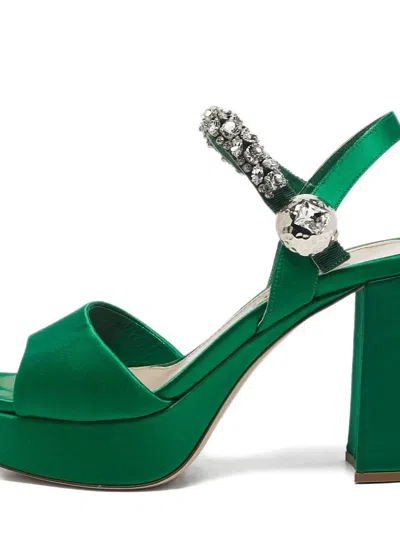 Pre-owned Miu Miu 95mm Crystal-embellished Platform Sandals In Green