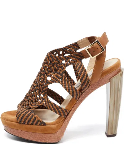 Pre-owned Jimmy Choo 140mm Taytum Woven Platform Sandals In Neutral