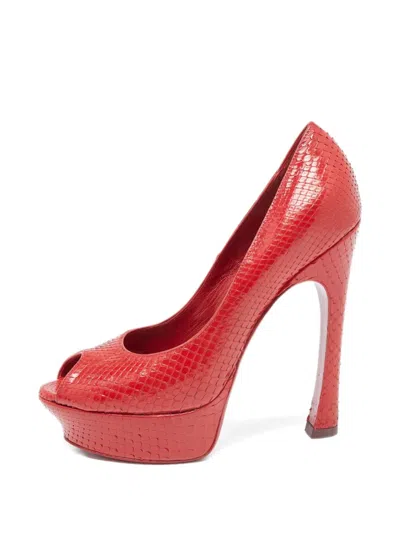 Pre-owned Saint Laurent 2024 140mm Palais Snakeskin Platform Pumps In Red