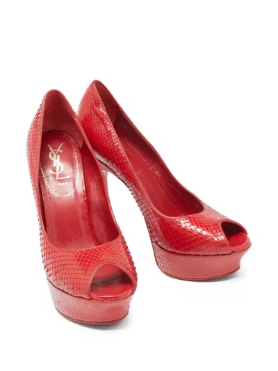 Pre-owned Saint Laurent 2024 140mm Palais Snakeskin Platform Pumps In Red